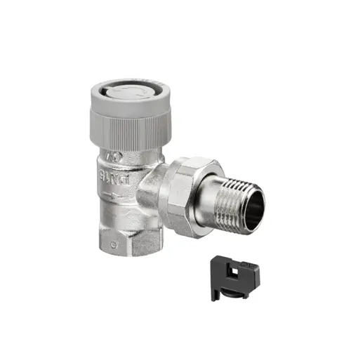 Thermostatventil von Oventrop in Eckform aus Metall mit einer Schraubverbindung. Zubehörteil für die Regulierung von Heizungswärme.